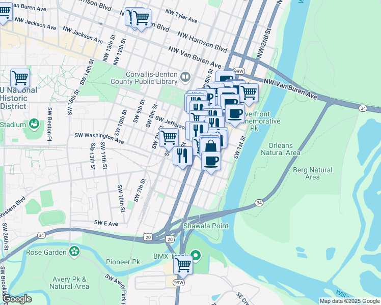 map of restaurants, bars, coffee shops, grocery stores, and more near 350 Southwest 4th Street in Corvallis