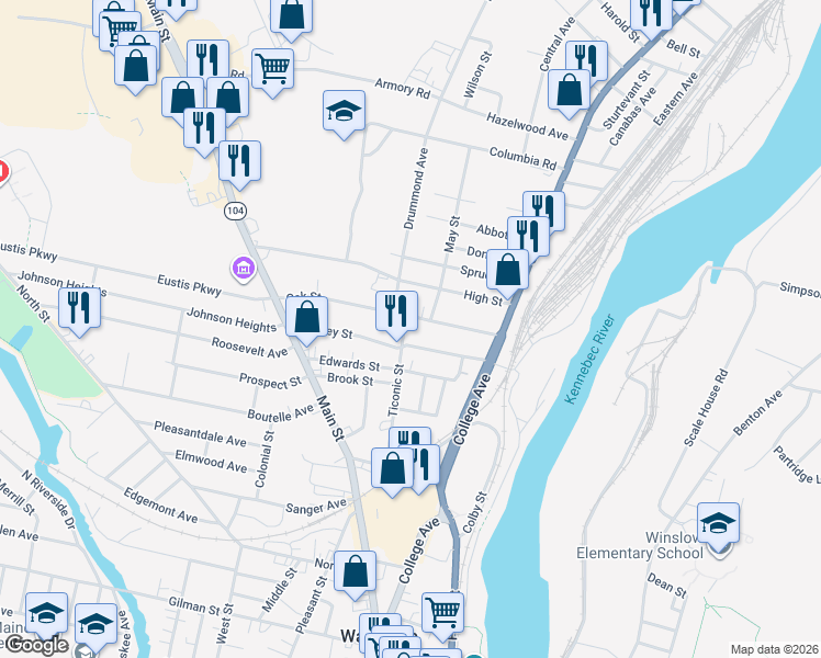 map of restaurants, bars, coffee shops, grocery stores, and more near 25 Oak Street in Waterville
