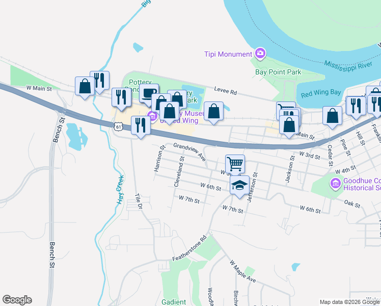 map of restaurants, bars, coffee shops, grocery stores, and more near 1831 Grandview Avenue in Red Wing