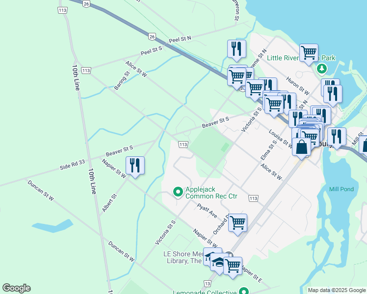 map of restaurants, bars, coffee shops, grocery stores, and more near 119 Alfred Street West in Thornbury