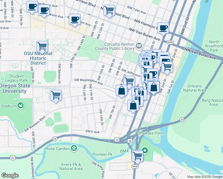 map of restaurants, bars, coffee shops, grocery stores, and more near 855 Southwest Washington Avenue in Corvallis