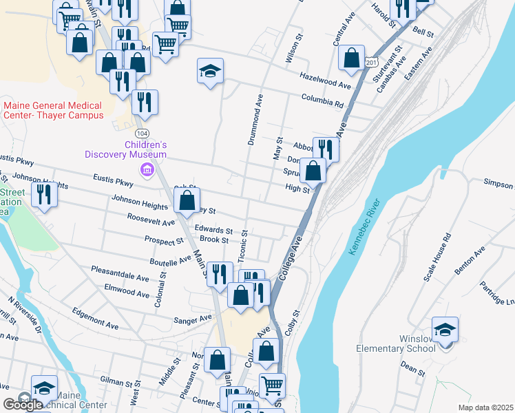 map of restaurants, bars, coffee shops, grocery stores, and more near 25 Oak Street in Waterville