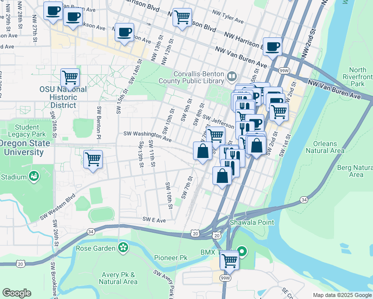 map of restaurants, bars, coffee shops, grocery stores, and more near 800 Southwest Washington Avenue in Corvallis