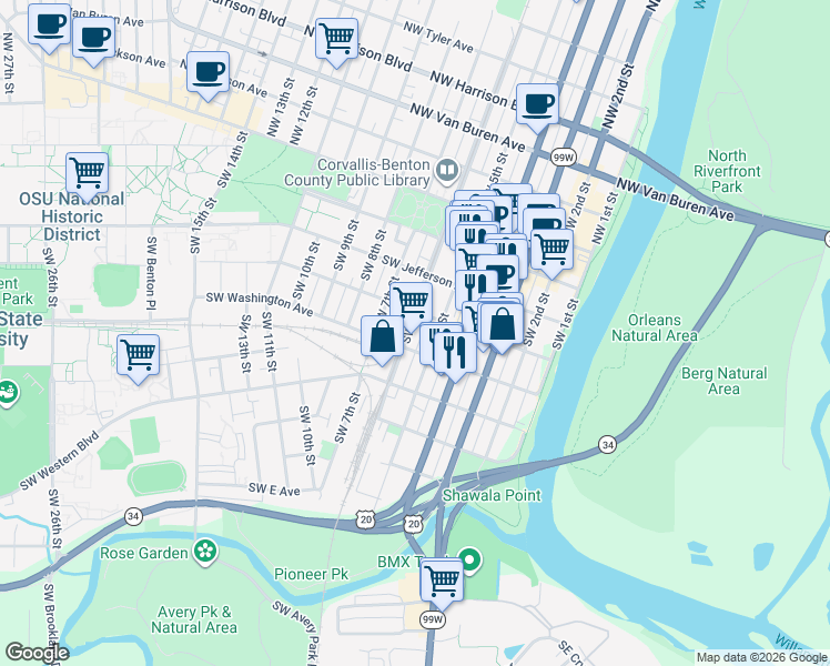 map of restaurants, bars, coffee shops, grocery stores, and more near 582 Southwest Adams Avenue in Corvallis