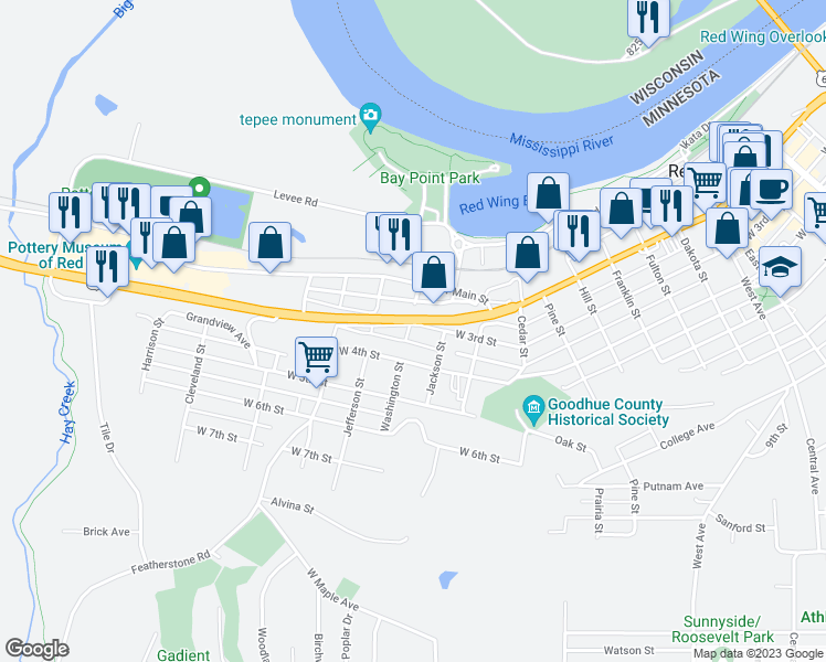 map of restaurants, bars, coffee shops, grocery stores, and more near 1427 West 3rd Street in Red Wing