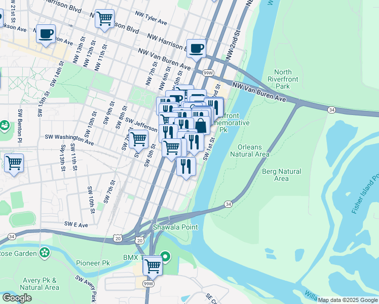 map of restaurants, bars, coffee shops, grocery stores, and more near in Corvallis