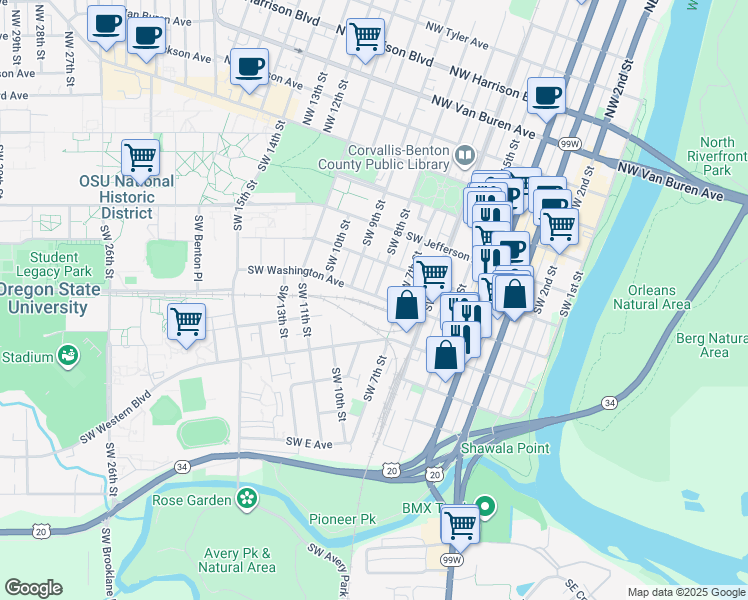 map of restaurants, bars, coffee shops, grocery stores, and more near 800 Southwest Washington Avenue in Corvallis