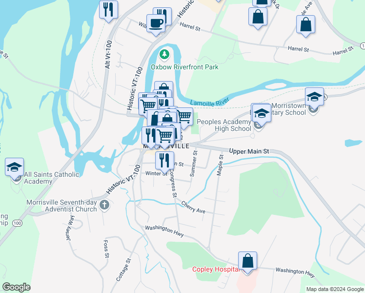 map of restaurants, bars, coffee shops, grocery stores, and more near 180 Railroad Street in Morristown