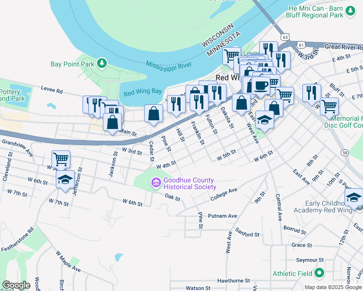 map of restaurants, bars, coffee shops, grocery stores, and more near 300 Hill Street in Red Wing