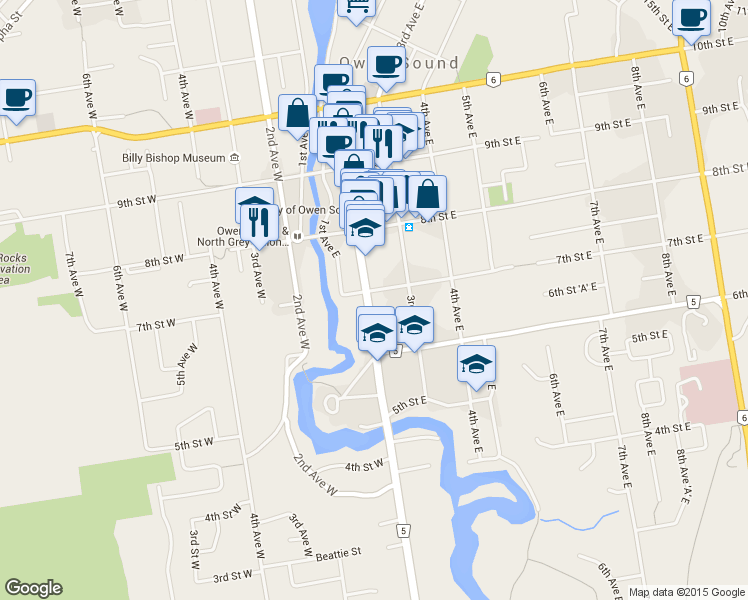 map of restaurants, bars, coffee shops, grocery stores, and more near 695 2nd Avenue East in Owen Sound