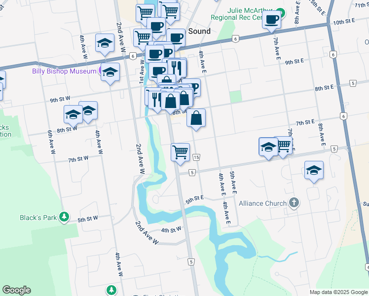 map of restaurants, bars, coffee shops, grocery stores, and more near 695 2nd Avenue East in Owen Sound