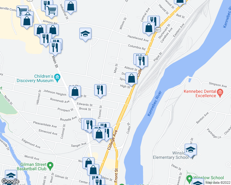 map of restaurants, bars, coffee shops, grocery stores, and more near 13 Oak Street in Waterville