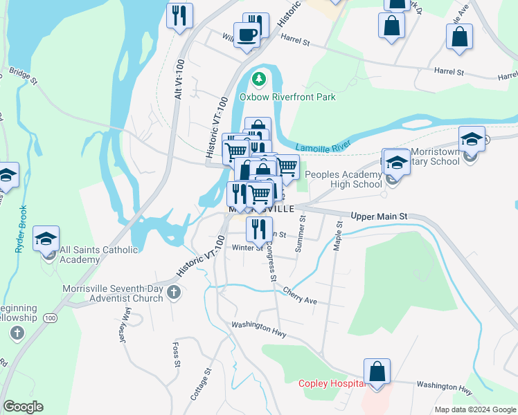 map of restaurants, bars, coffee shops, grocery stores, and more near 10 Lower Main Street in Morristown