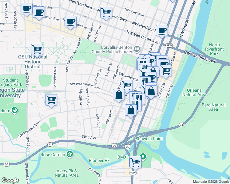 map of restaurants, bars, coffee shops, grocery stores, and more near 430 Southwest 7th Street in Corvallis