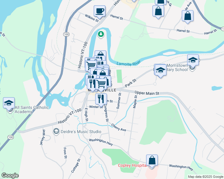 map of restaurants, bars, coffee shops, grocery stores, and more near 180 Railroad Street in Morristown