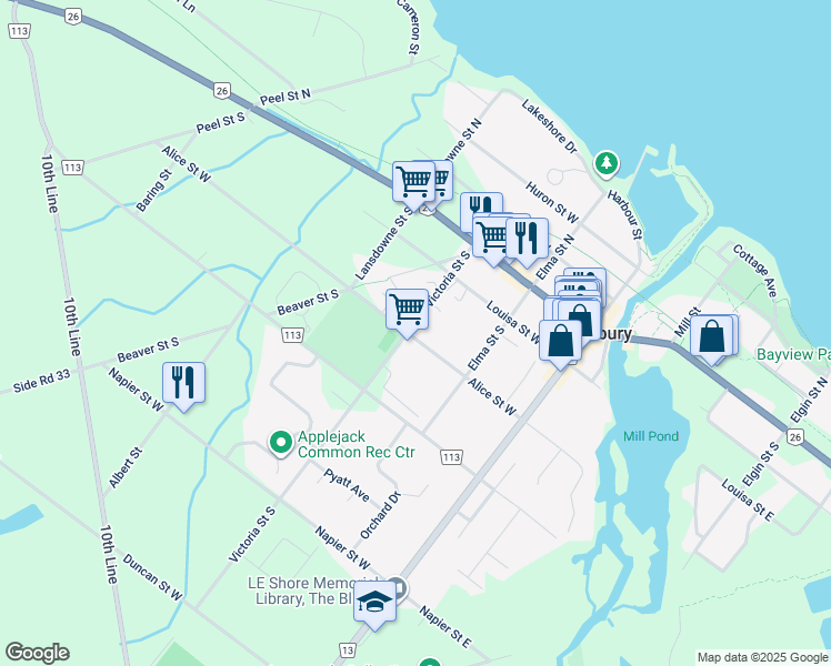 map of restaurants, bars, coffee shops, grocery stores, and more near 55 Victoria Street South in Thornbury