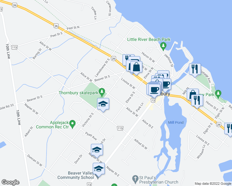 map of restaurants, bars, coffee shops, grocery stores, and more near 55 Victoria Street South in Thornbury