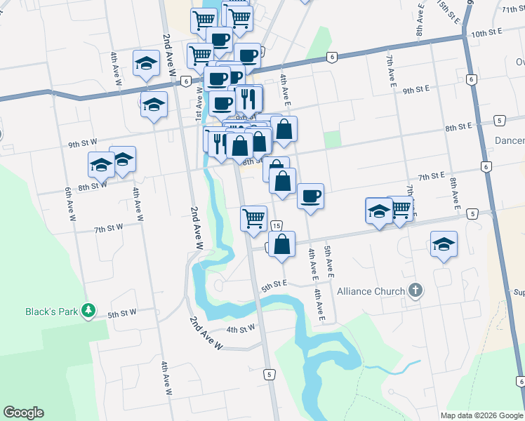 map of restaurants, bars, coffee shops, grocery stores, and more near 686 3rd Avenue East in Owen Sound