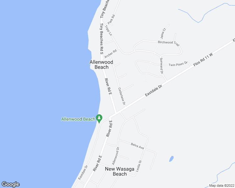 map of restaurants, bars, coffee shops, grocery stores, and more near 44 Cedarlane Drive in Wasaga Beach