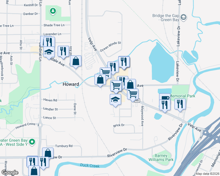 map of restaurants, bars, coffee shops, grocery stores, and more near 2417 Glendale Avenue in Howard