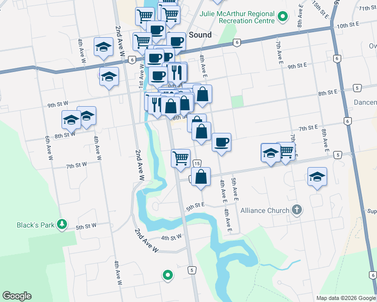 map of restaurants, bars, coffee shops, grocery stores, and more near 271 7th Street East in Owen Sound