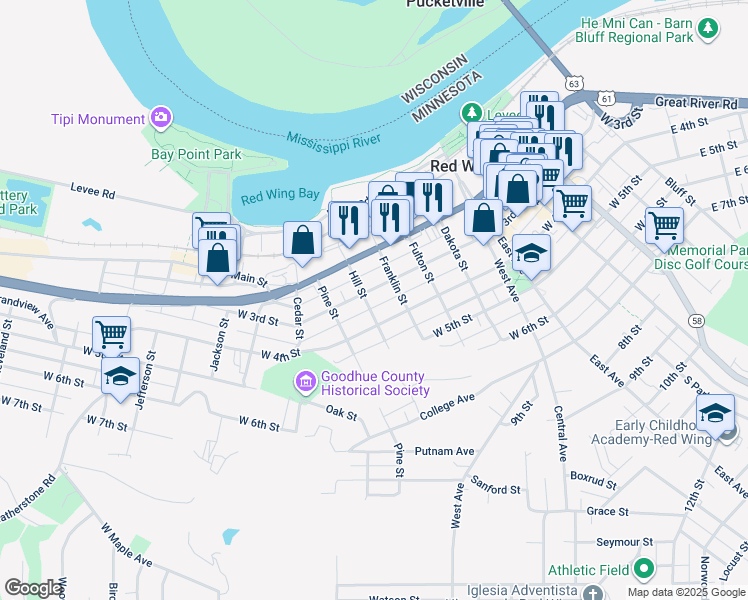 map of restaurants, bars, coffee shops, grocery stores, and more near 927 West 3rd Street in Red Wing