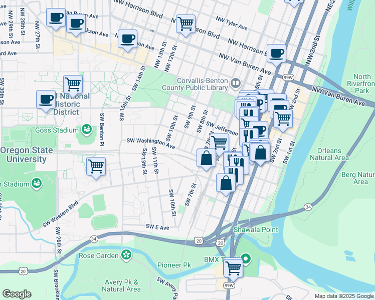 map of restaurants, bars, coffee shops, grocery stores, and more near 855 Southwest Washington Avenue in Corvallis