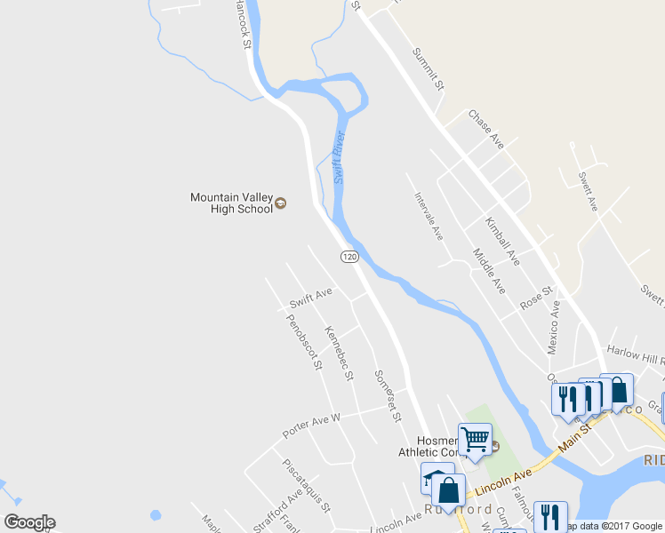 map of restaurants, bars, coffee shops, grocery stores, and more near 808 Somerset Street in Rumford