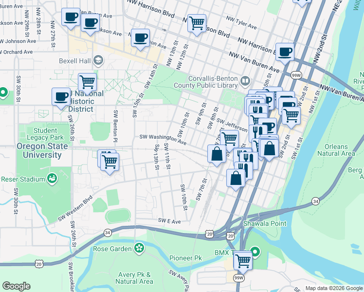 map of restaurants, bars, coffee shops, grocery stores, and more near 960 Southwest Washington Avenue in Corvallis