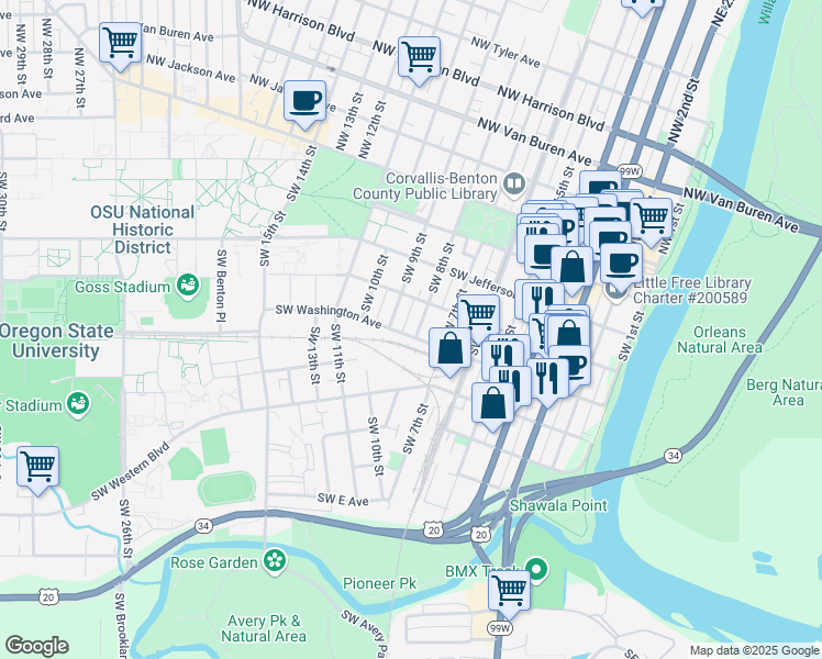 map of restaurants, bars, coffee shops, grocery stores, and more near 855 Southwest Washington Avenue in Corvallis
