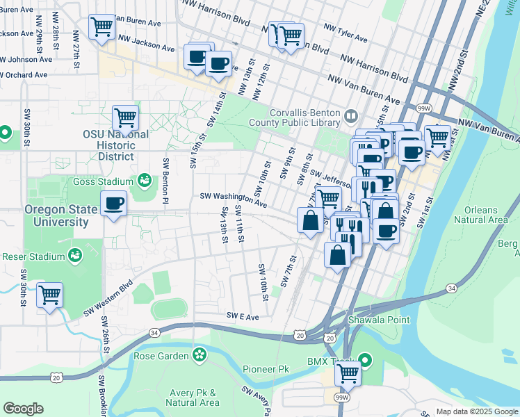 map of restaurants, bars, coffee shops, grocery stores, and more near 960 Southwest Washington Avenue in Corvallis
