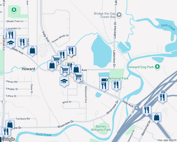 map of restaurants, bars, coffee shops, grocery stores, and more near 738 Maywood Avenue in Green Bay