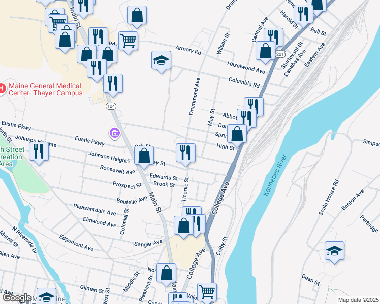 map of restaurants, bars, coffee shops, grocery stores, and more near 25 Oak Street in Waterville