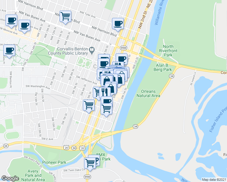 map of restaurants, bars, coffee shops, grocery stores, and more near in Corvallis