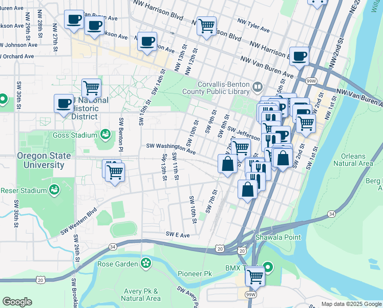 map of restaurants, bars, coffee shops, grocery stores, and more near in Corvallis