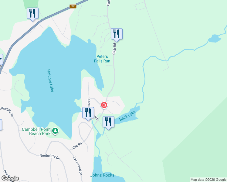 map of restaurants, bars, coffee shops, grocery stores, and more near 248 Club Road in Hatchet Lake