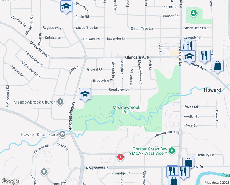 map of restaurants, bars, coffee shops, grocery stores, and more near 2813 Brookview Drive in Green Bay