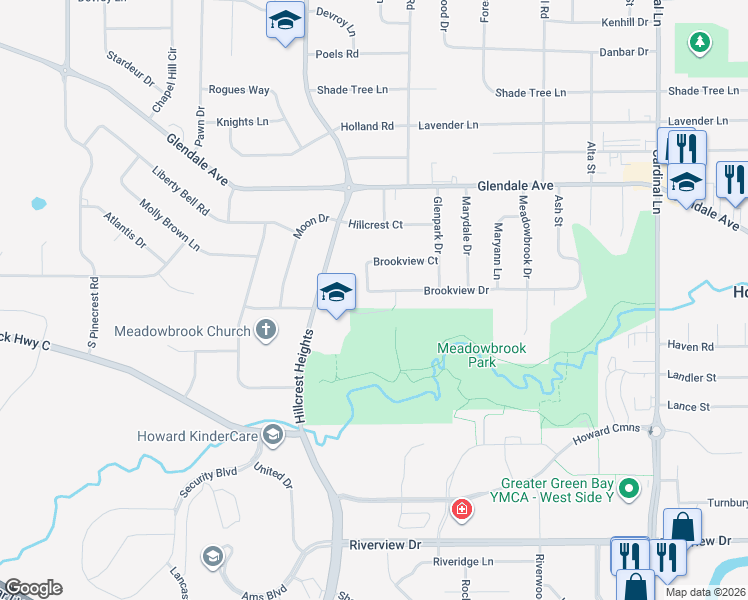 map of restaurants, bars, coffee shops, grocery stores, and more near 2913 Brookview Drive in Howard