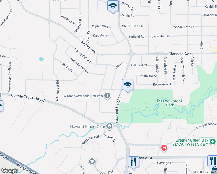 map of restaurants, bars, coffee shops, grocery stores, and more near 805 Moon Drive in Green Bay