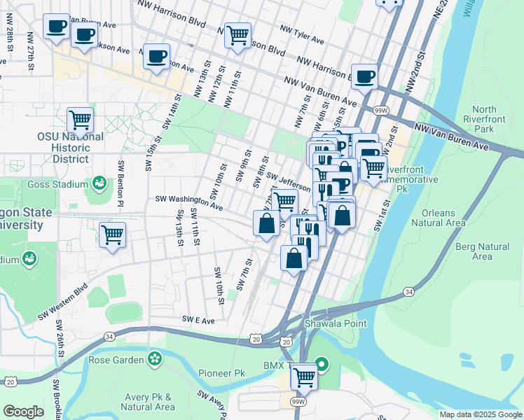 map of restaurants, bars, coffee shops, grocery stores, and more near 430 Southwest 7th Street in Corvallis