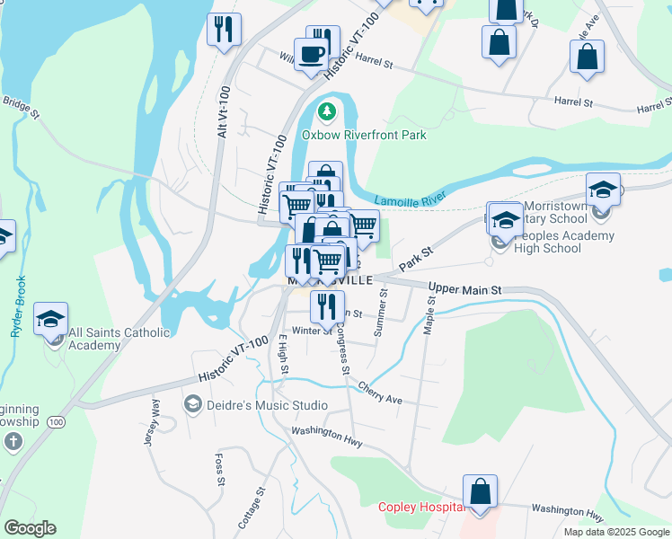 map of restaurants, bars, coffee shops, grocery stores, and more near 16 Portland Street in Morristown