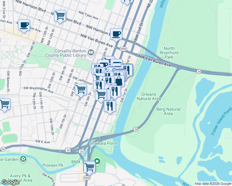 map of restaurants, bars, coffee shops, grocery stores, and more near 301 Southwest 2nd Street in Corvallis