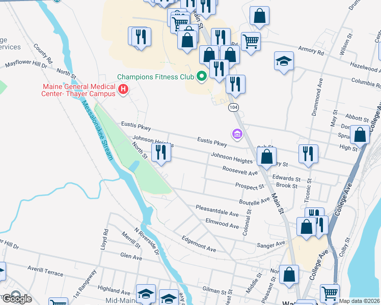 map of restaurants, bars, coffee shops, grocery stores, and more near 42 Johnson Heights in Waterville