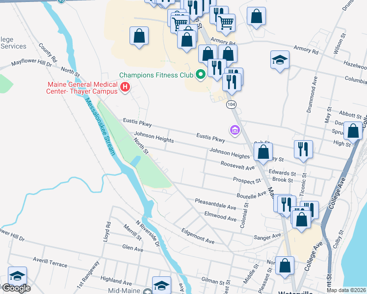 map of restaurants, bars, coffee shops, grocery stores, and more near 42 Johnson Heights in Waterville