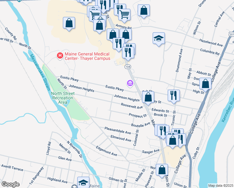 map of restaurants, bars, coffee shops, grocery stores, and more near 20 Hillcrest Street in Waterville