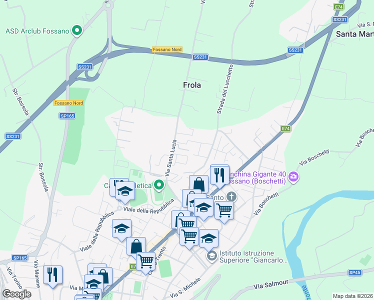 map of restaurants, bars, coffee shops, grocery stores, and more near 2330 Via Santa Lucia in Fossano