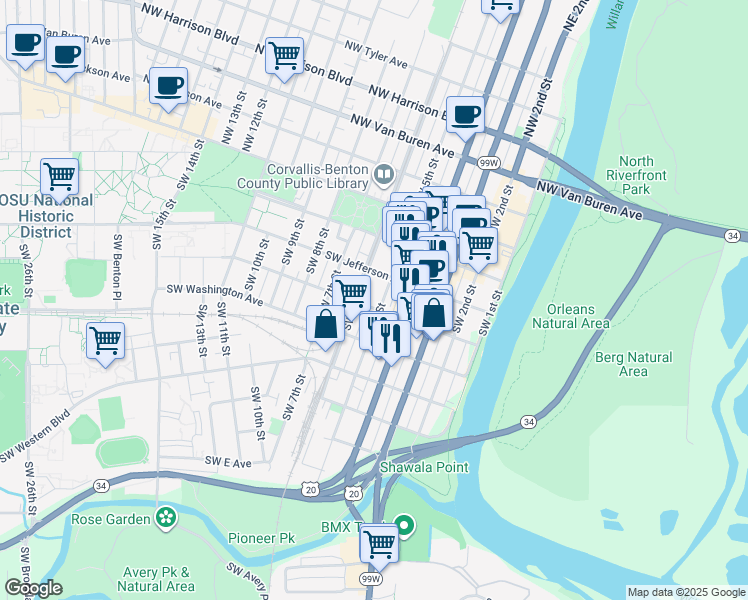 map of restaurants, bars, coffee shops, grocery stores, and more near 340 Southwest 5th Street in Corvallis