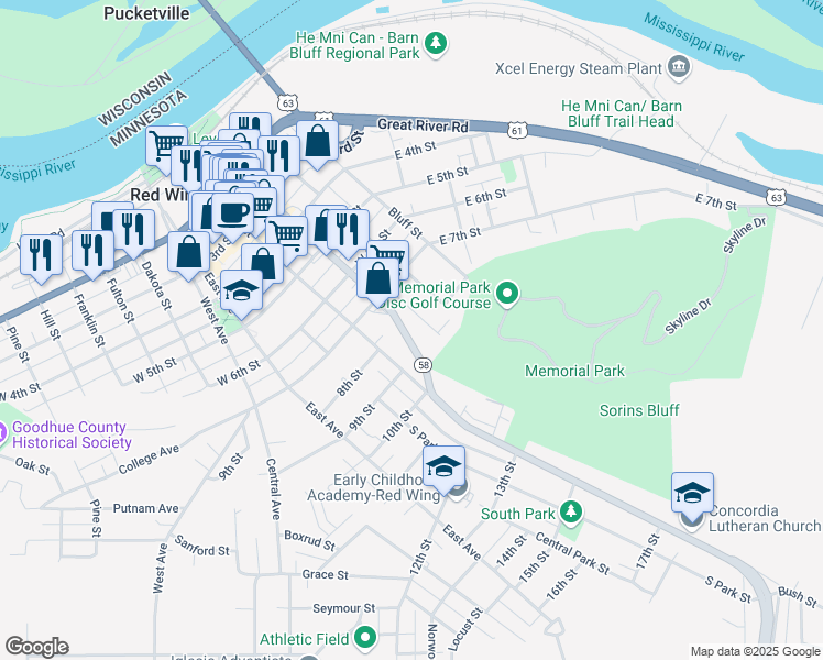 map of restaurants, bars, coffee shops, grocery stores, and more near 743 Plum Street in Red Wing