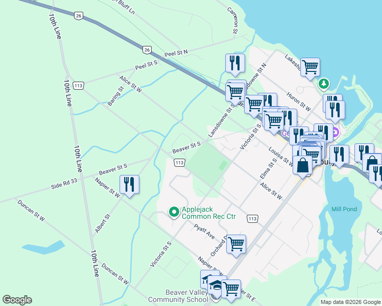 map of restaurants, bars, coffee shops, grocery stores, and more near 27 Beaver Street South in Thornbury