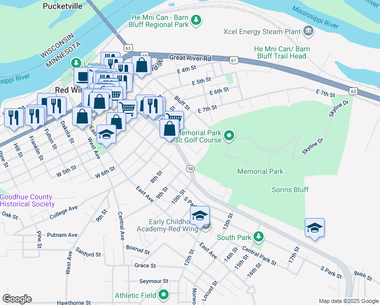 map of restaurants, bars, coffee shops, grocery stores, and more near 754 Minnesota 58 in Red Wing